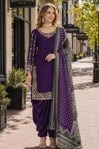 Purple roman silk semi stitched suit with embroidery & real mirror work