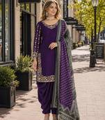 Purple roman silk semi stitched suit with embroidery & real mirror work
