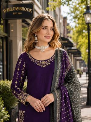 Purple roman silk semi stitched suit with embroidery & real mirror work 2