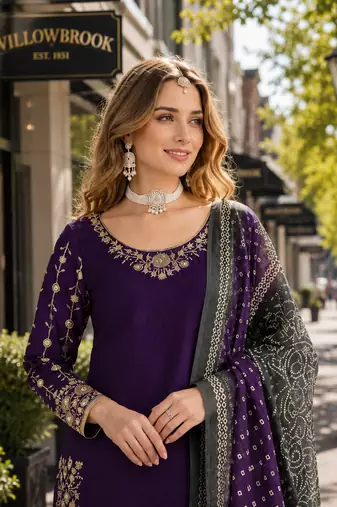 Purple roman silk semi stitched suit with embroidery & real mirror work