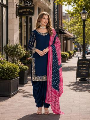 Navy blue roman silk semi stitched suit with embroidery & real mirror work 1
