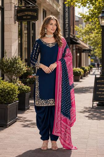 Navy blue roman silk semi stitched suit with embroidery & real mirror work