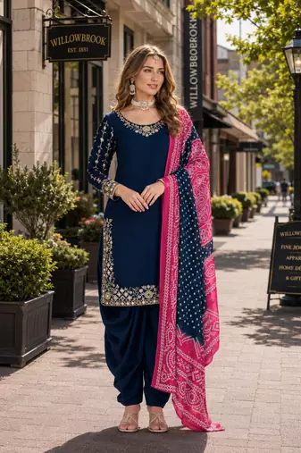 Navy blue roman silk semi stitched suit with embroidery & real mirror work