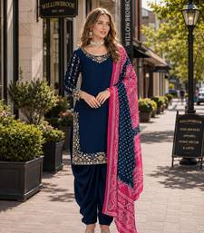 Navy blue roman silk semi stitched suit with embroidery & real mirror work