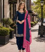 Navy blue roman silk semi stitched suit with embroidery & real mirror work