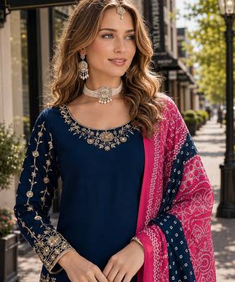 Navy blue roman silk semi stitched suit with embroidery & real mirror work 2