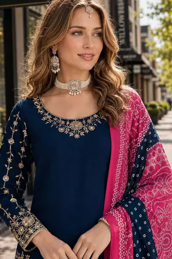 Navy blue roman silk semi stitched suit with embroidery & real mirror work