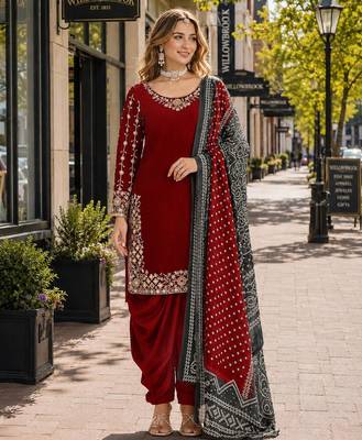 Red roman silk semi stitched suit with embroidery & real mirror work 1
