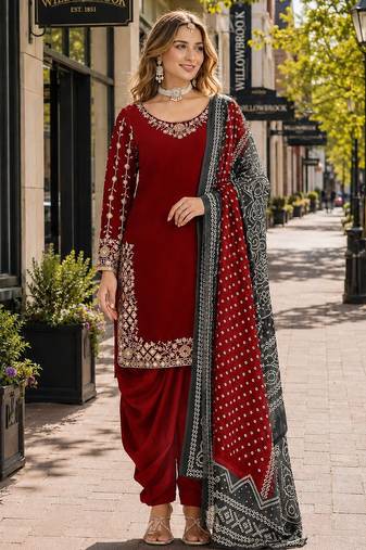 Red roman silk semi stitched suit with embroidery & real mirror work