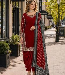 Red roman silk semi stitched suit with embroidery & real mirror work