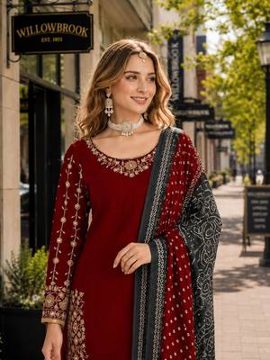 Red roman silk semi stitched suit with embroidery & real mirror work 2