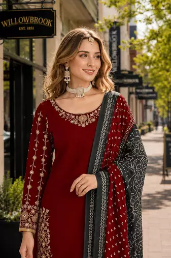 Red roman silk semi stitched suit with embroidery & real mirror work