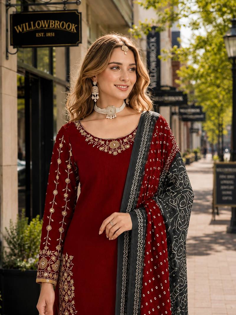 Red roman silk semi stitched suit with embroidery & real mirror work