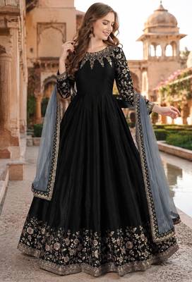 Black embroidered adda silk semi stitched anarkali suit 1