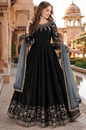 Black embroidered adda silk semi stitched anarkali suit