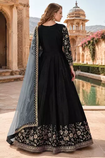 Black embroidered adda silk semi stitched anarkali suit