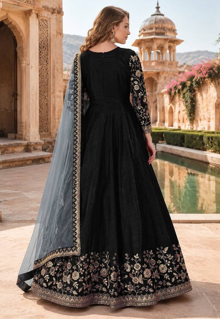 Black embroidered adda silk semi stitched anarkali suit