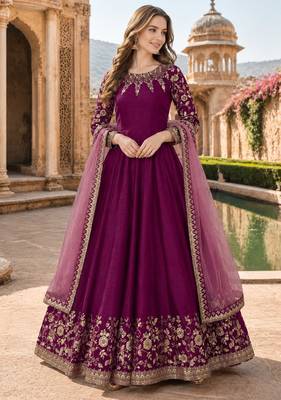 Purple embroidered adda silk semi stitched anarkali suit 1