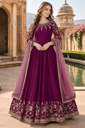 Purple embroidered adda silk semi stitched anarkali suit
