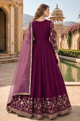 Purple embroidered adda silk semi stitched anarkali suit 2
