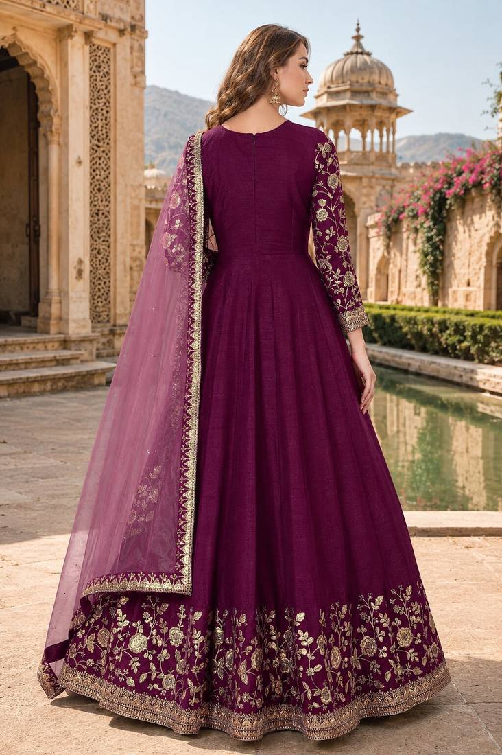 Purple embroidered adda silk semi stitched anarkali suit