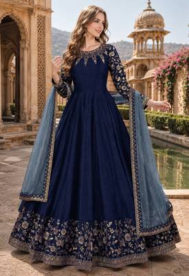 Navy blue embroidered adda silk semi stitched anarkali suit 1