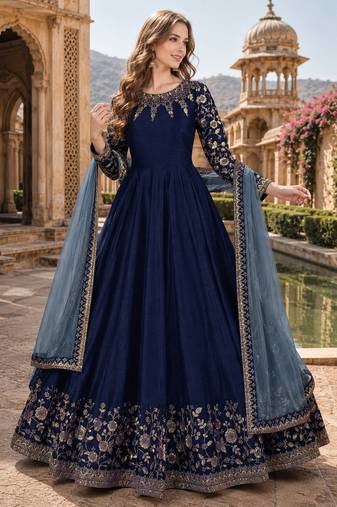 Navy blue embroidered adda silk semi stitched anarkali suit