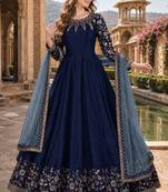 Navy blue embroidered adda silk semi stitched anarkali suit