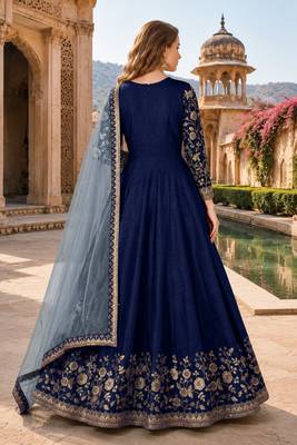 Navy blue embroidered adda silk semi stitched anarkali suit 2