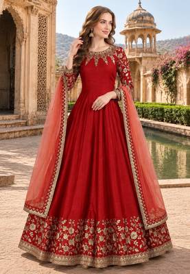 Red embroidered adda silk semi stitched anarkali suit 1