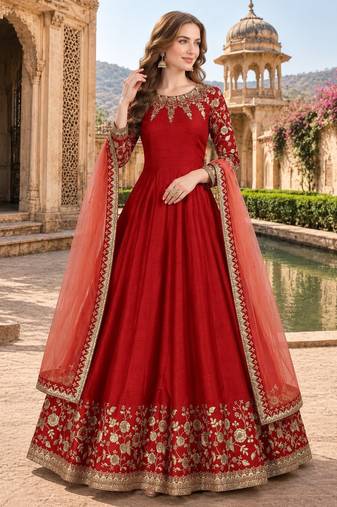 Red embroidered adda silk semi stitched anarkali suit