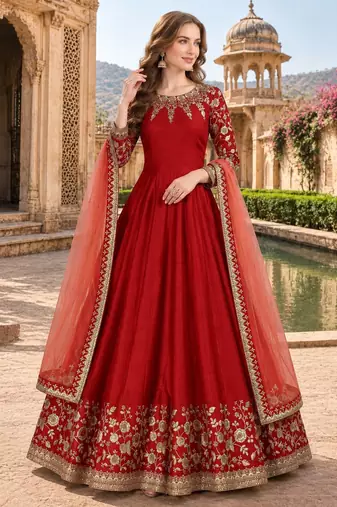 Red embroidered adda silk semi stitched anarkali suit