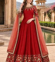 Red embroidered adda silk semi stitched anarkali suit