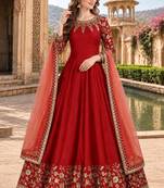 Red embroidered adda silk semi stitched anarkali suit