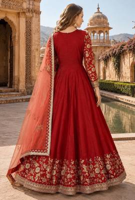 Red embroidered adda silk semi stitched anarkali suit 2