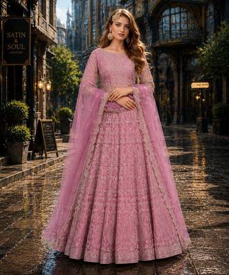 Lavender embroidered net semi stitched anarkali suit 1