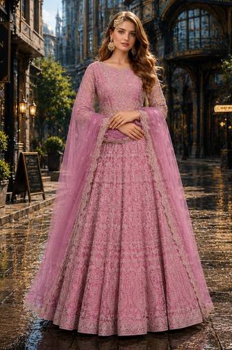 Lavender embroidered net semi stitched anarkali suit