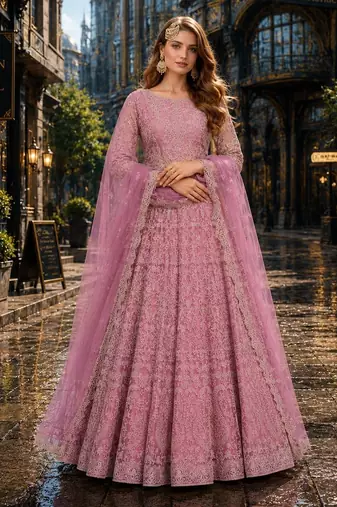 Lavender embroidered net semi stitched anarkali suit