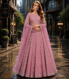 Lavender embroidered net semi stitched anarkali suit