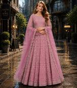 Lavender embroidered net semi stitched anarkali suit