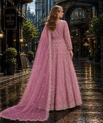 Lavender embroidered net semi stitched anarkali suit 2