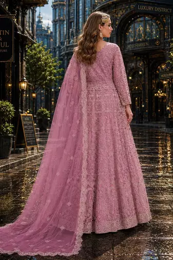 Lavender embroidered net semi stitched anarkali suit