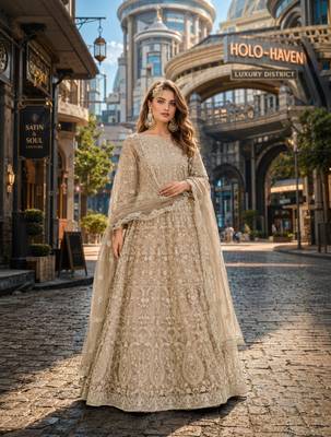 Mehendi embroidered net semi stitched anarkali suit 1