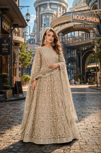 Mehendi embroidered net semi stitched anarkali suit