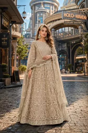 Mehendi embroidered net semi stitched anarkali suit