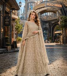 Mehendi embroidered net semi stitched anarkali suit