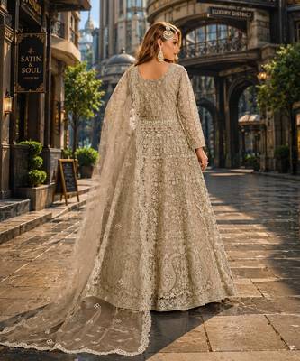 Mehendi embroidered net semi stitched anarkali suit 2