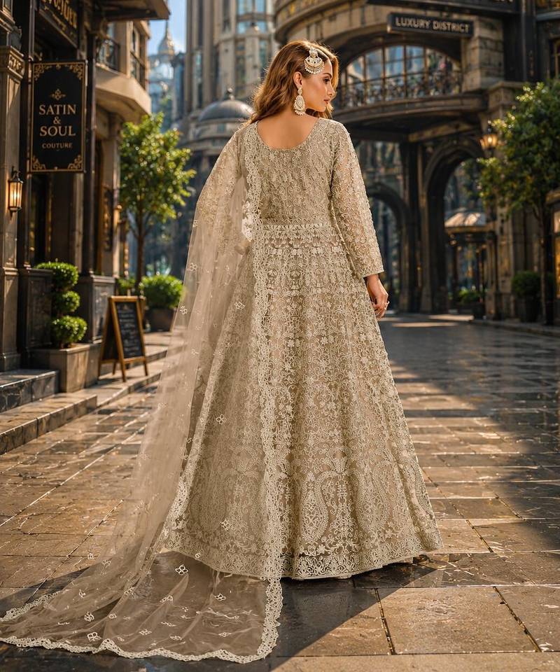 Mehendi embroidered net semi stitched anarkali suit