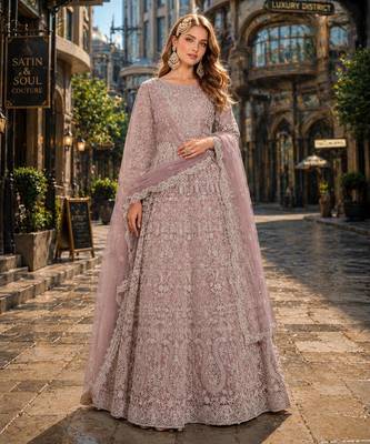 Purple embroidered net semi stitched anarkali suit 1