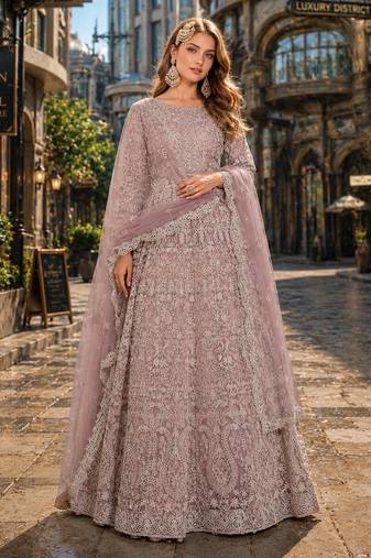 Purple embroidered net semi stitched anarkali suit